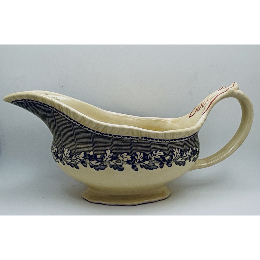 Vintage Ridgways Devon-Ware Gravy Boat Acorns & Leaves Blue Transferware 1942